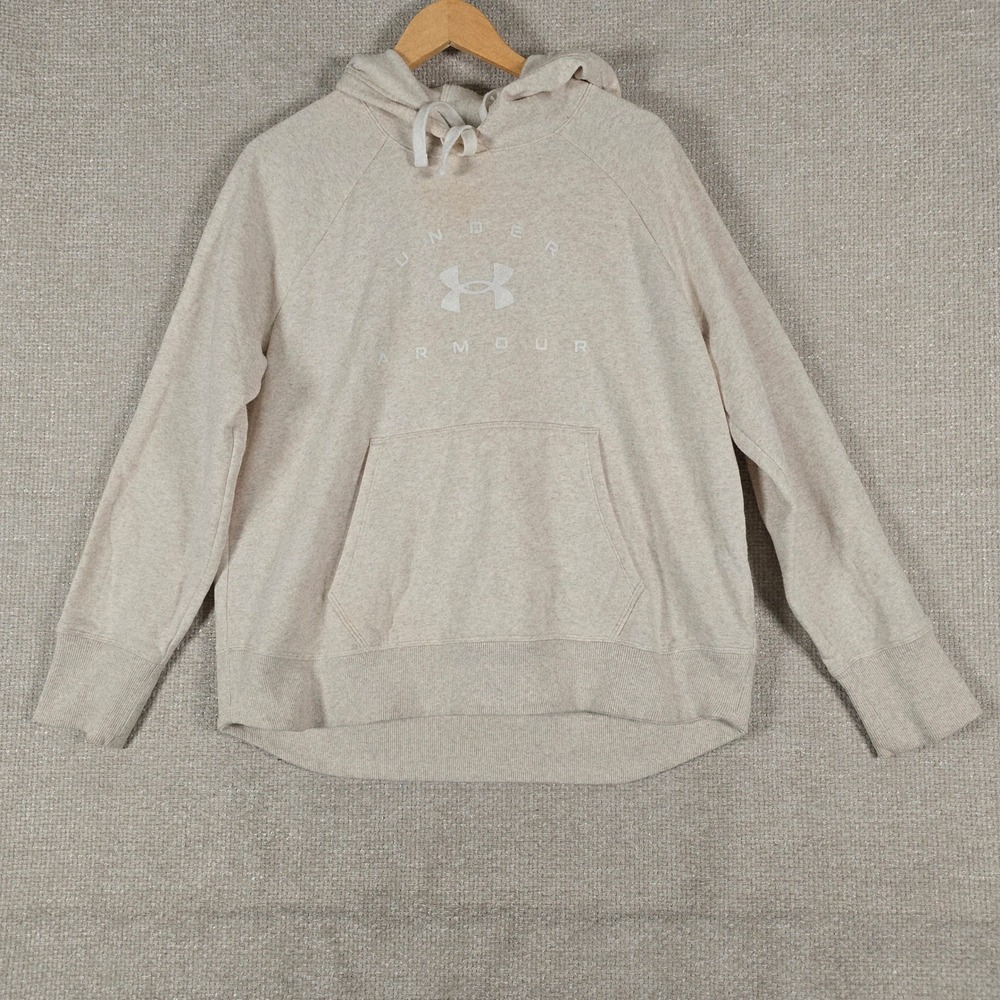 Under Armour Womens Loose Fit Hoodie Oatmeal Heather Beige‎ Logo Pullover LG
